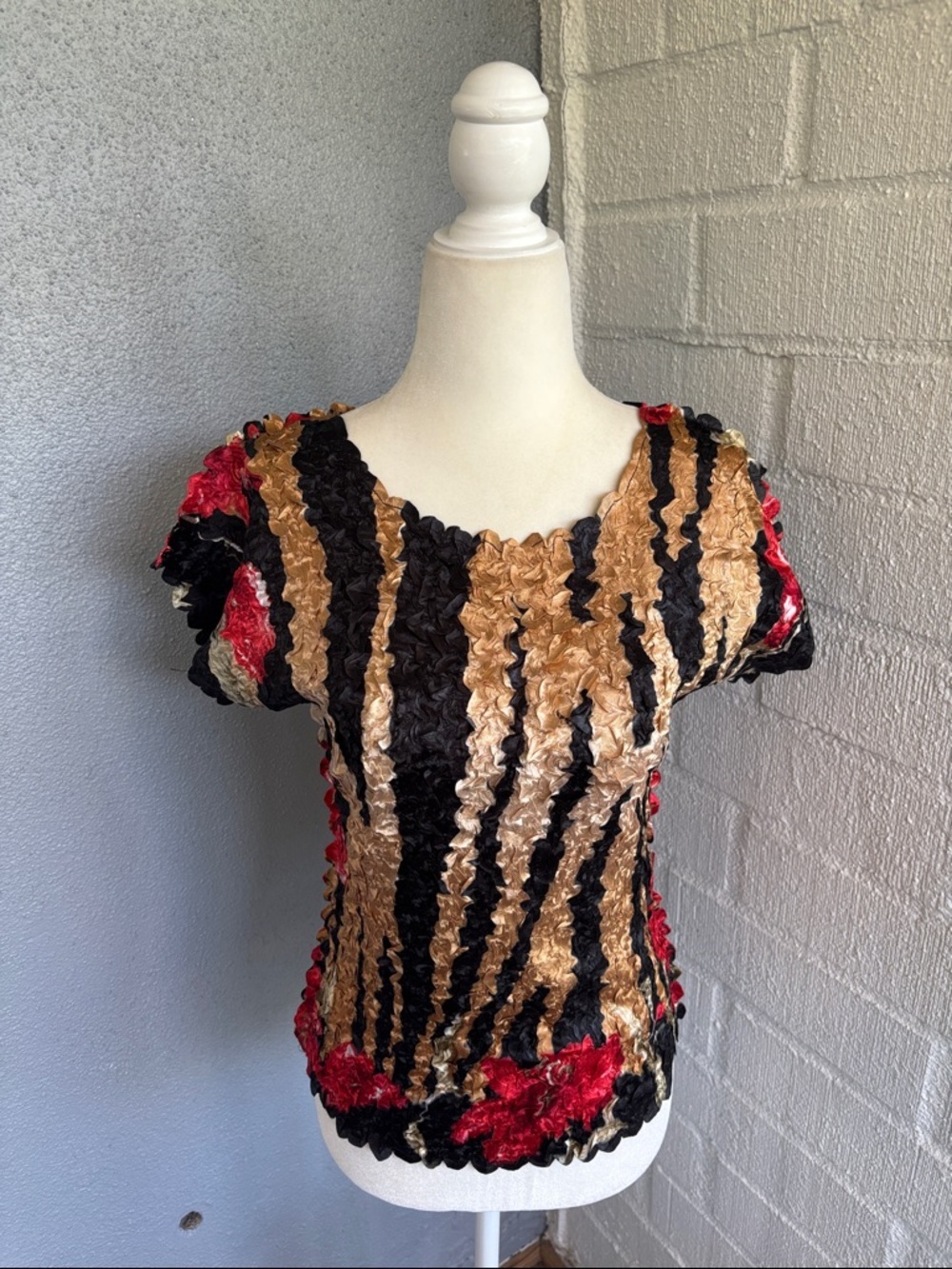 Dorman Vintage PopcornRuched Stripe & Floral Scoop Neck Stretch Blouse sz OS